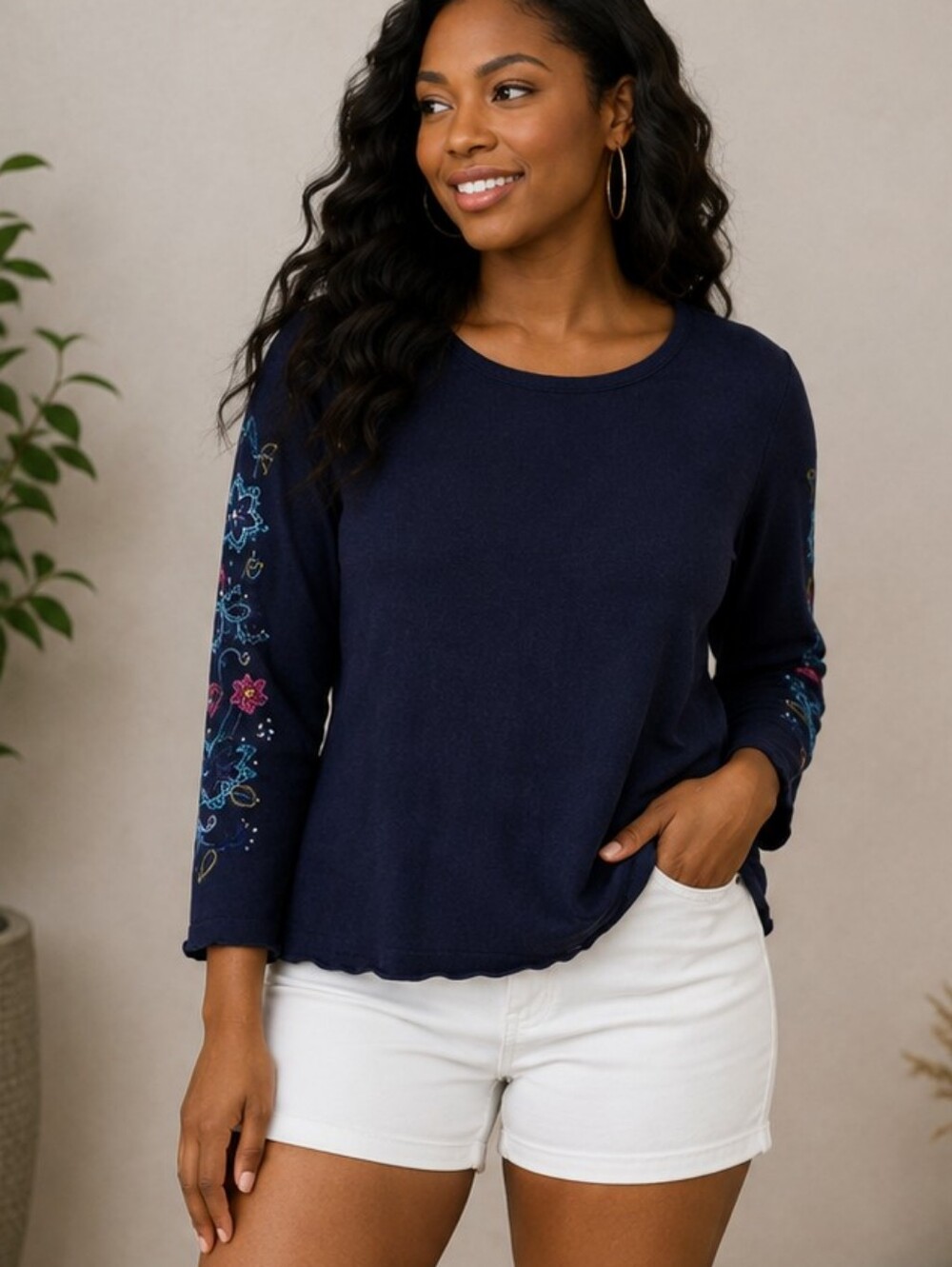 Alfred Dunner Womens Navy Embroidered Sleeve Top L 60% Cotton 40% Acrylic